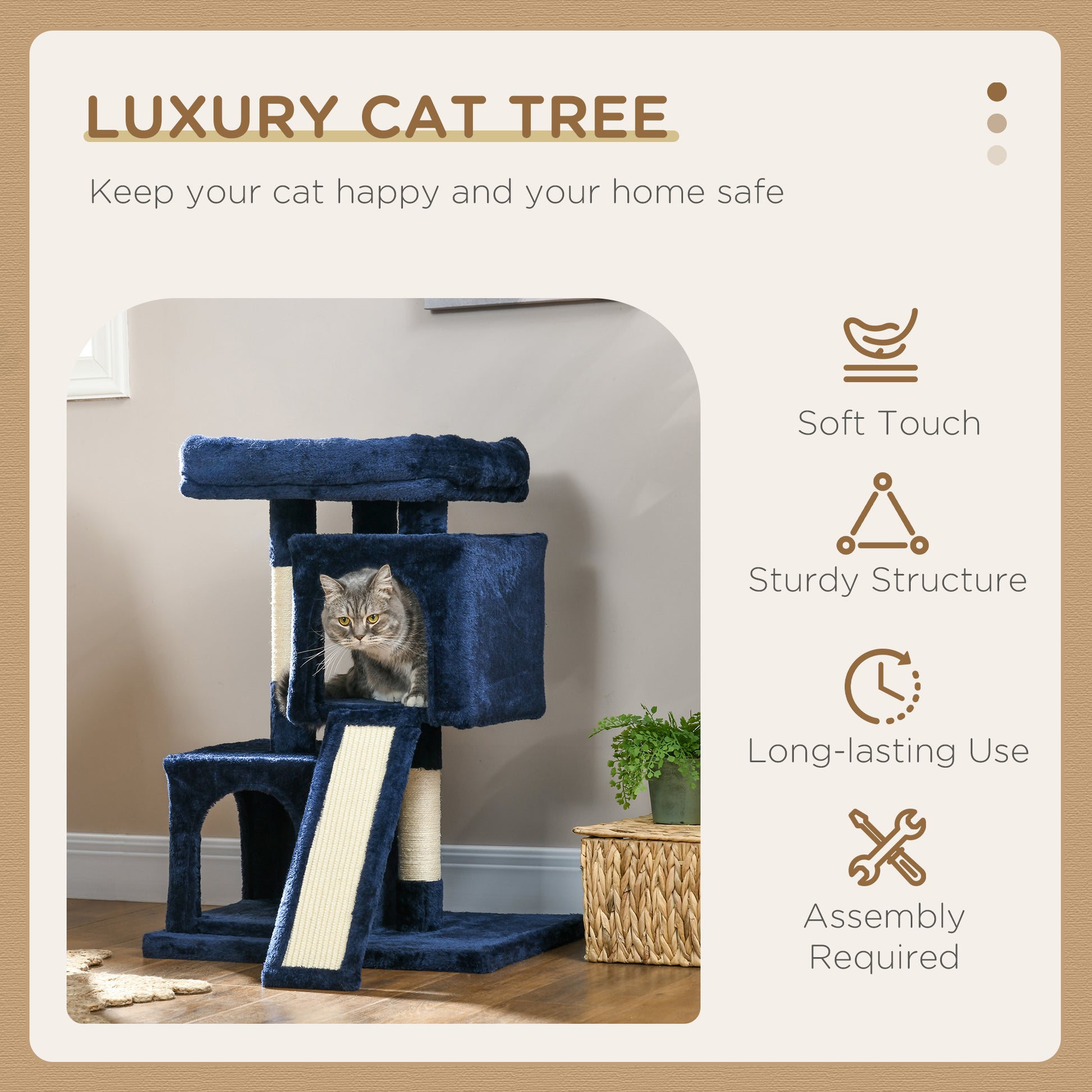 PawHut Sisal Cat Rest & Play Activity Tree w/ 2 House Navy Blue-Cat Trees & Towers-ChewyGames-ChewyGames