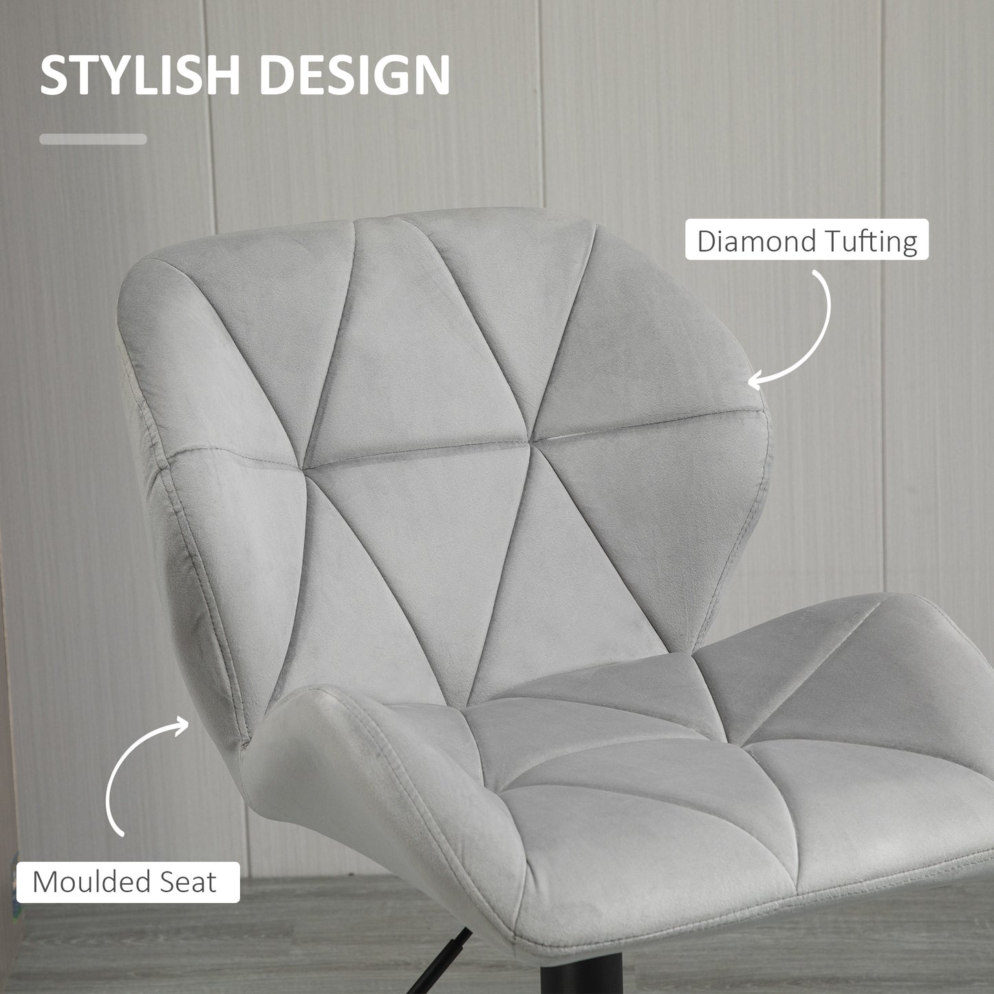 HOMCOM Bar Stools Set Of 2, Luxurious Velvet-Touch Barstools with Metal Frame Footrest Round Base Triangle Indenting Moulded Seat Adjustable Height Swivel Light Grey