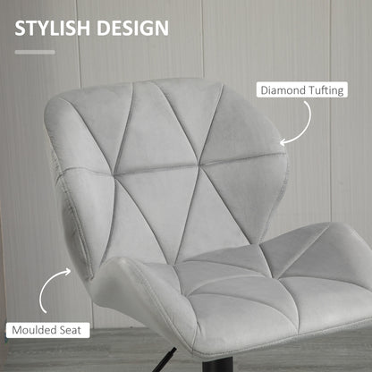 HOMCOM Bar Stools Set Of 2, Luxurious Velvet-Touch Barstools with Metal Frame Footrest Round Base Triangle Indenting Moulded Seat Adjustable Height Swivel Light Grey