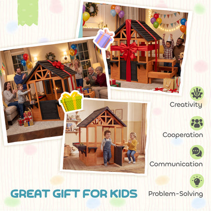 AIYAPLAY Wooden Playhouse Playhouse for Kids with Table, Benches, Sink Table, Windows, Flowerpot Holders, for Ages 3-8, Brown