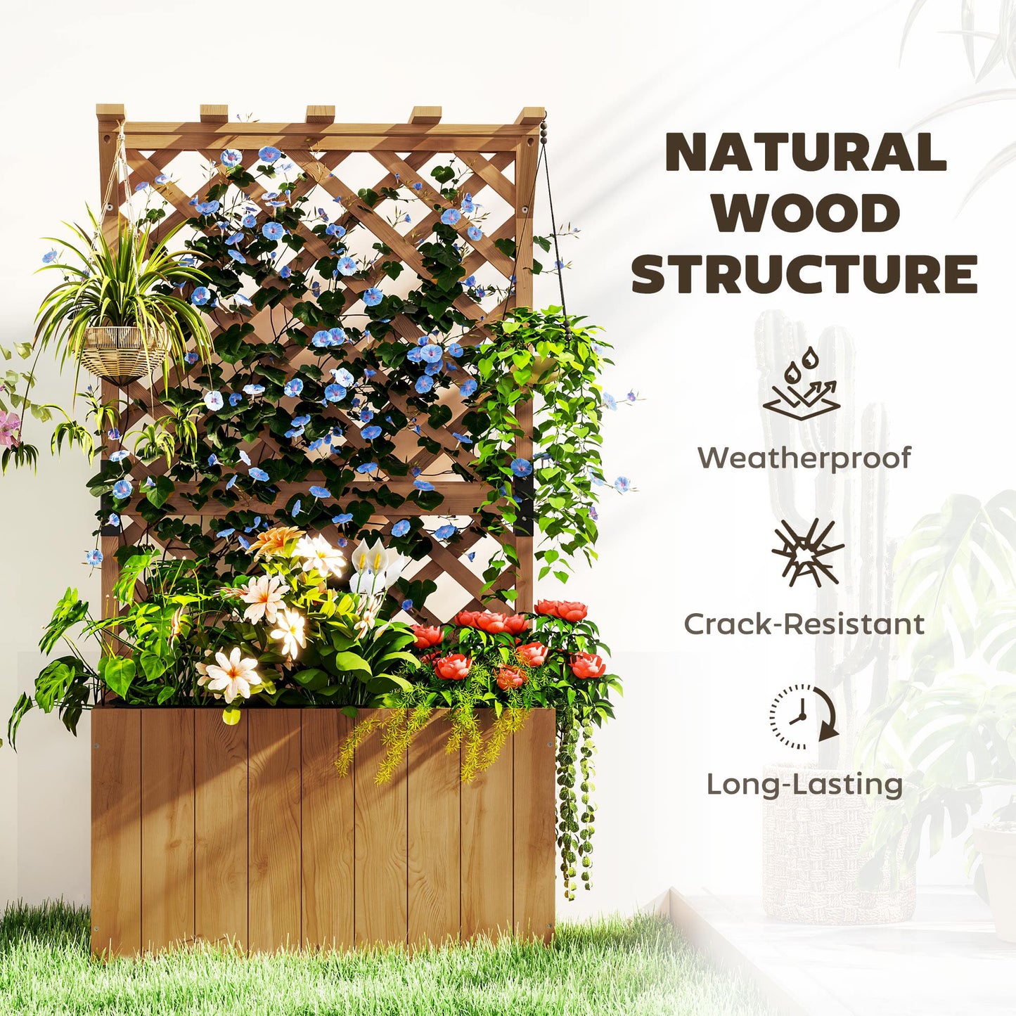 Outsunny Wooden Planter with Trellis, Freestanding Raised Garden Bed with Drainage Holes, Outdoor Planter Box with Liner for Vegetables, Herbs and Flowers, Natural