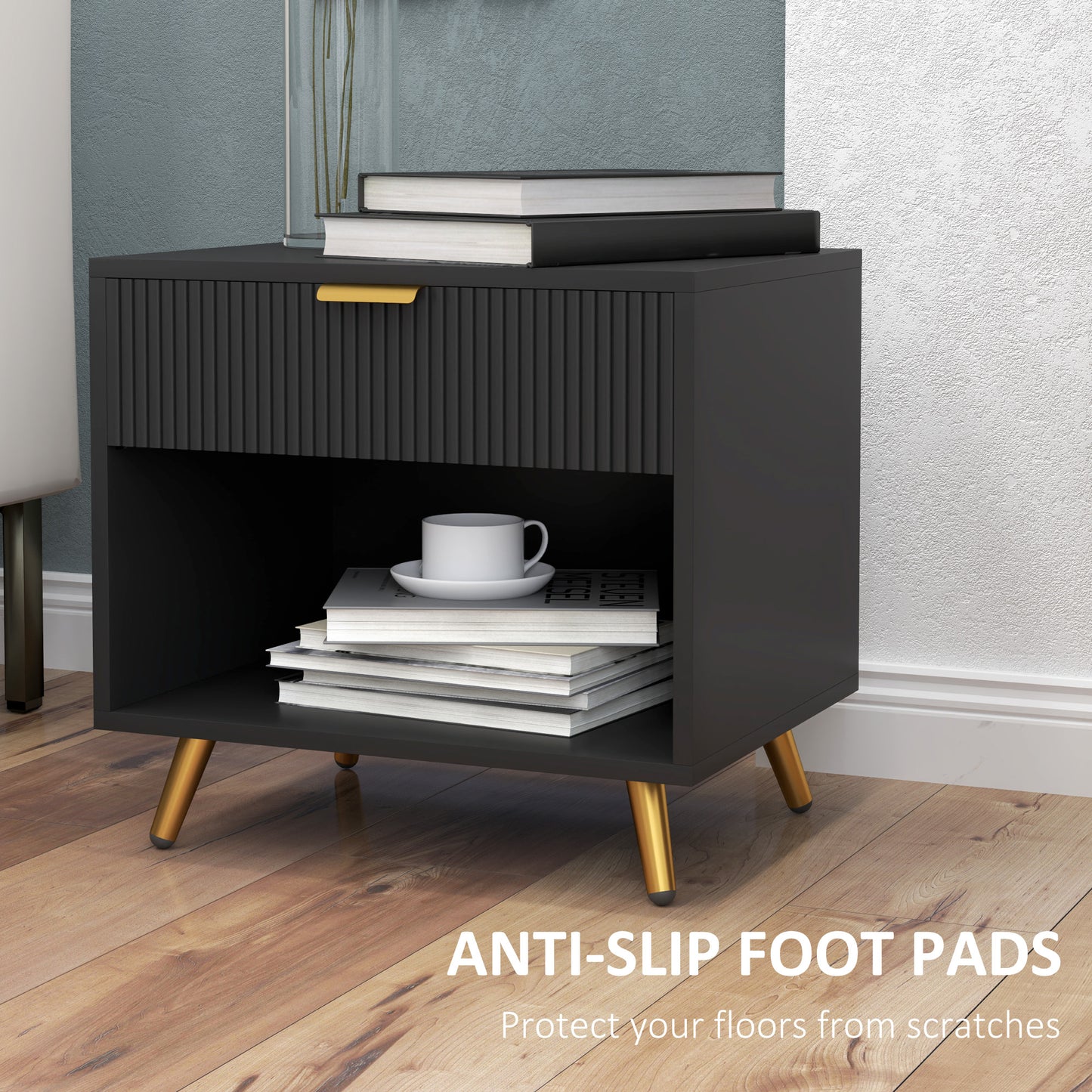 HOMCOM Elegant Bedside Table Set of 2, with Drawer and Shelf - Black/Gold Tone