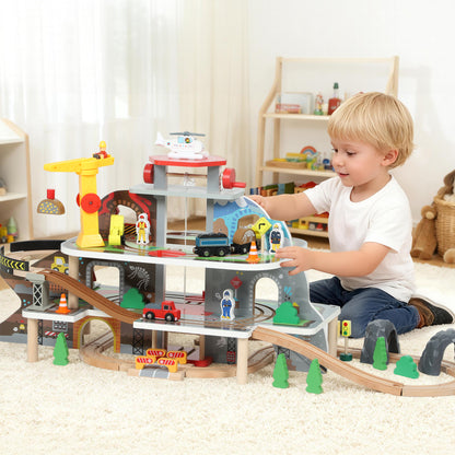 AIYAPLAY 79 Piece Wooden Train Set, Kids Train Track Mine Themed with Crane, Helicopter--ChewyGames-ChewyGames