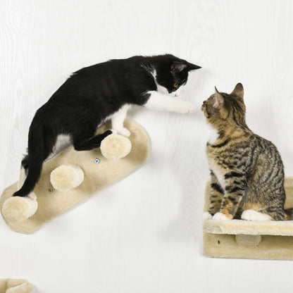 PawHut 4PCs Wall-Mounted Cat Shelves w/ Scratching Post, Hammock, Nest - Beige