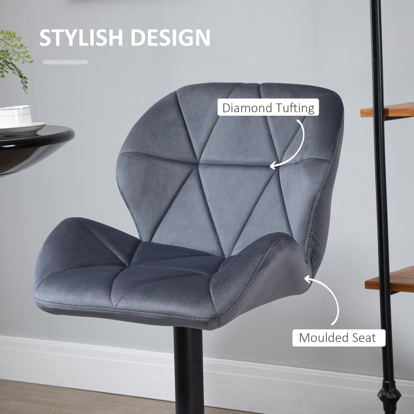 HOMCOM Bar Stools Set Of 2, Luxurious Velvet-Touch Barstools with Metal Frame Footrest Round Base Triangle Indenting Moulded Seat Adjustable Height Swivel Dark Grey