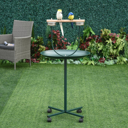 PawHut Bird Perch Stand with Four Wheels, Feeding Bowls, for Small, Medium Birds, Green