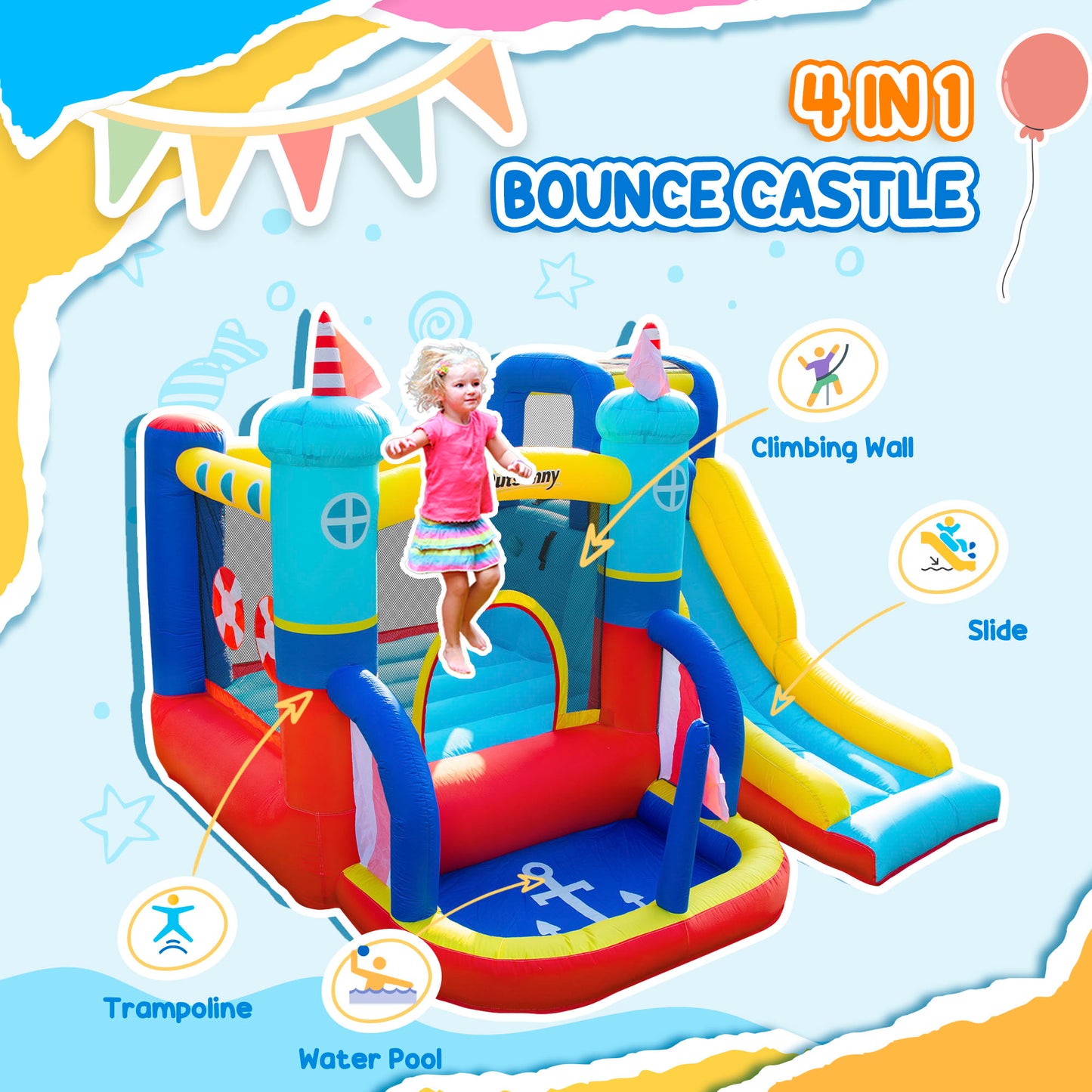 Outsunny Kids Bouncy Castle, 4 in 1 Large Sailboat Style Inflatable House Slide Trampoline Water Pool Climbing Wall with Blower Carrybag for Kids Age 3-8, 2.65 x 2.6 x 2m