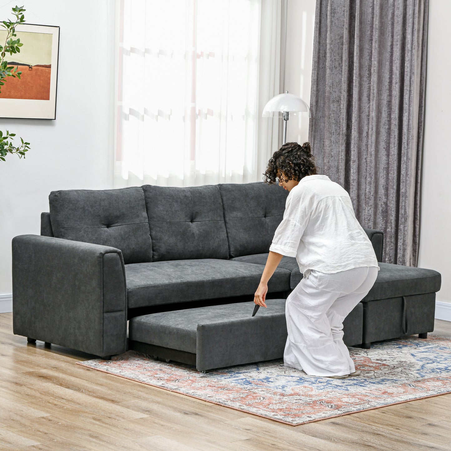 HOMCOM 3 Seater Sofa Bed, Pull Out Sofa Bed with Storage for Living Room, Dark Grey