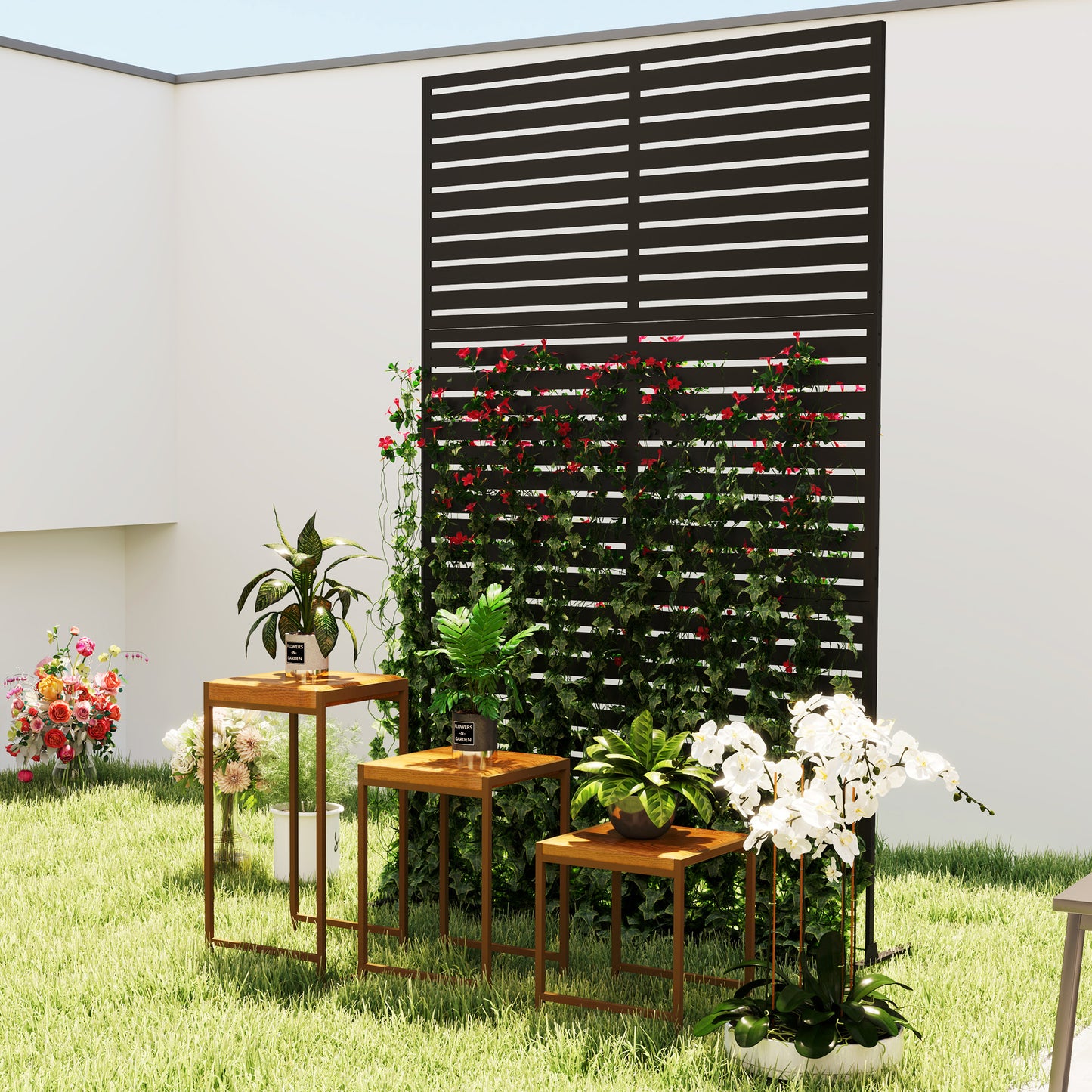 Outsunny Decorative Privacy Fence Screen, Metal Outdoor Privacy Screen Climbing Plant Trellis with Stand, 122 x 198 cm, Black