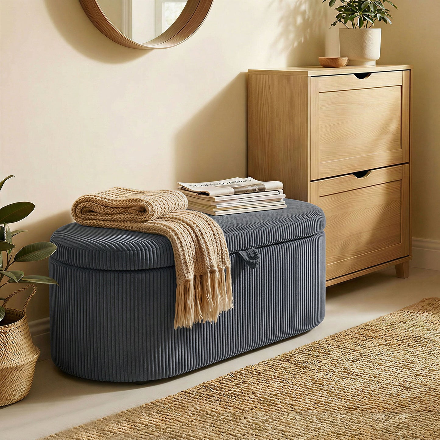HOMCOM Storage Ottoman, Corduroy Upholstered Ottoman Storage Box with Padded Seat, 105 x 51 x 49 cm, Dark Grey