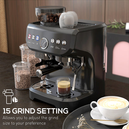 HOMCOM 15 Bar Coffee Machine, with Adjustable Grind, Steamer and Accessories - Black