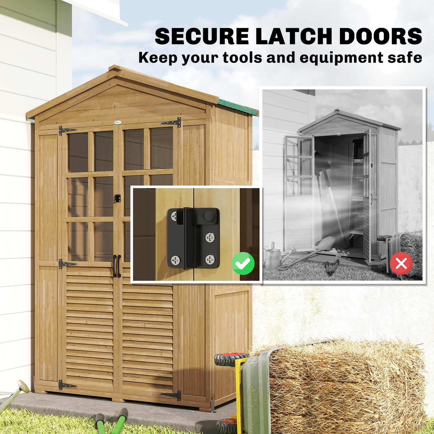 Outsunny Outdoor Wooden Storage Cabinet, Garden Tool Shed with Acrylic Windows for Patio, Light Brown