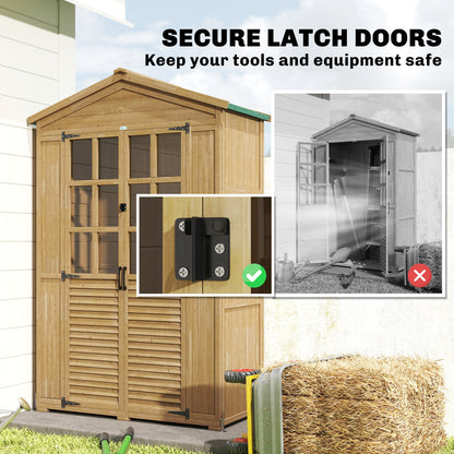 Outsunny Outdoor Wooden Storage Cabinet, Garden Tool Shed with Acrylic Windows for Patio, Light Brown