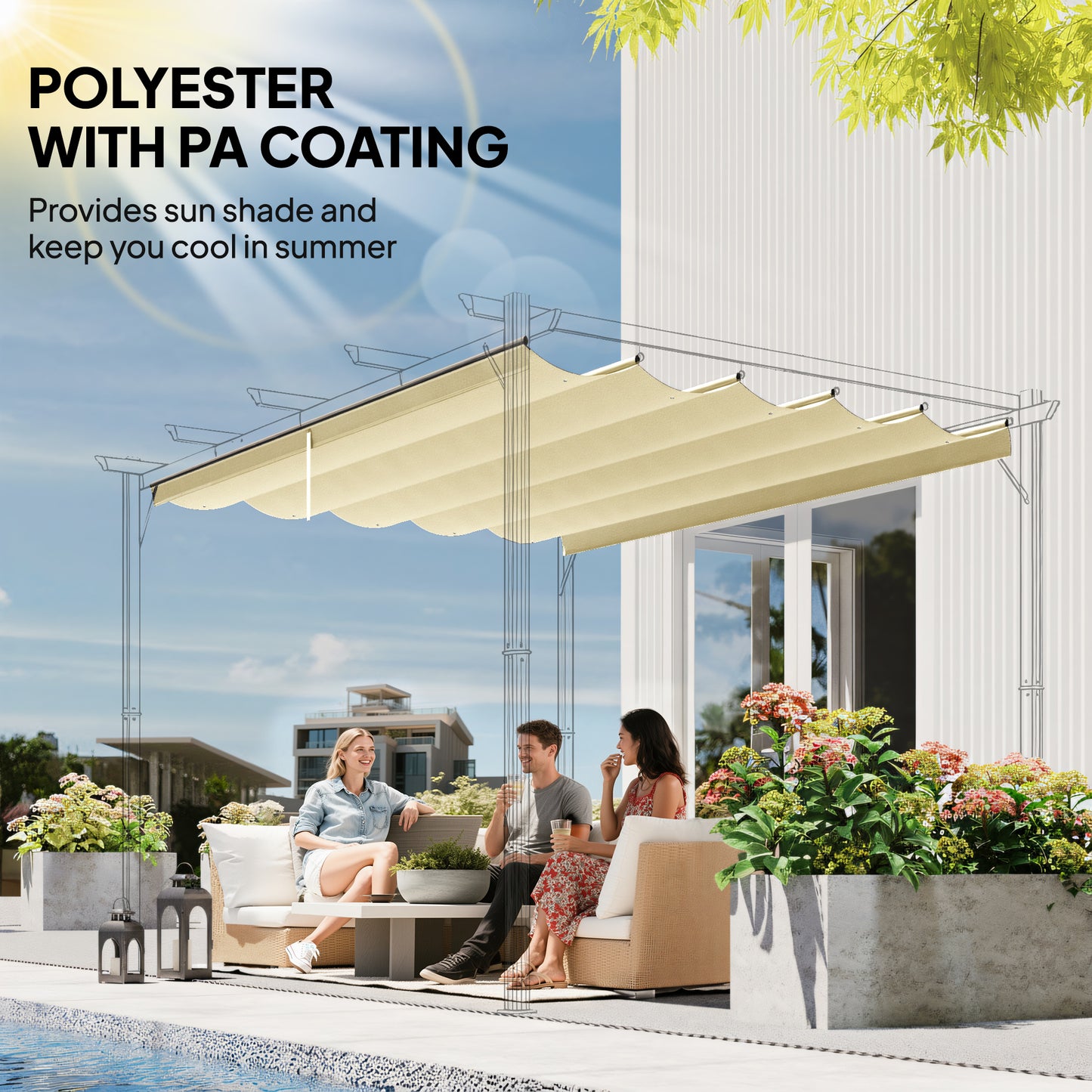 Outsunny Retractable Pergola Cover, 3.5 x 2.6 m Replacement Canopy Fabric for 4 x 3 m Frame, Roof Top Only, Cream White