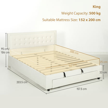 HOMCOM King Size Ottoman Bed Frame, with Front Drawer Cream