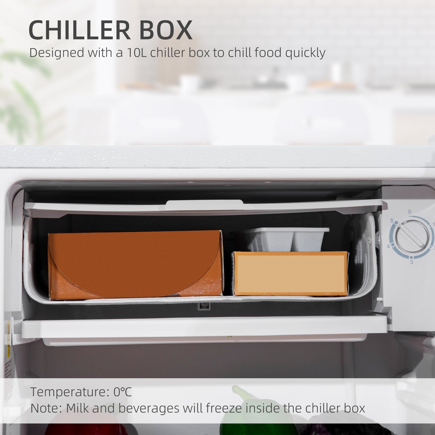 HOMCOM Under Counter Fridge, 91L Small Fridge with Chiller Box, Removable Shelf, Reversible Door, Adjustable Legs, Mini Refrigerator, White