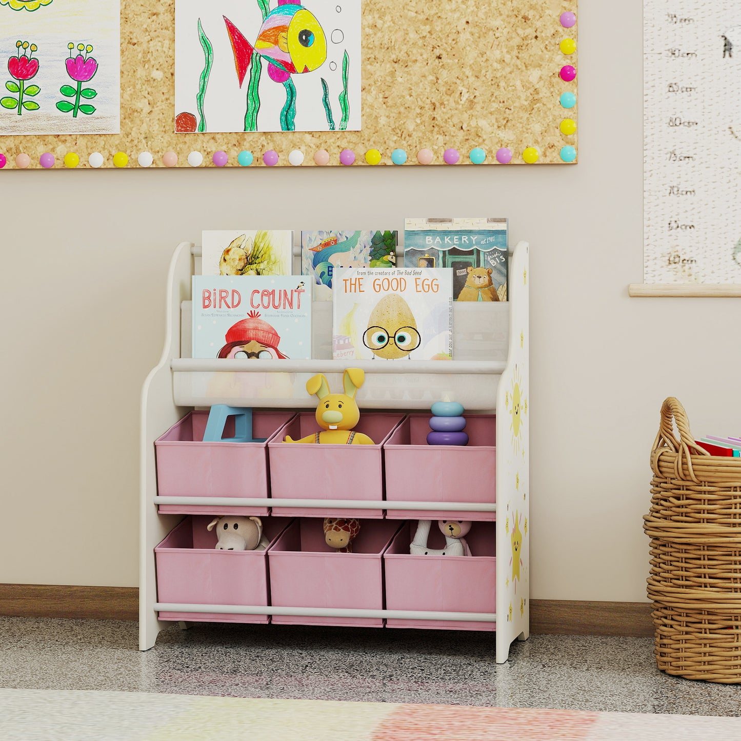 AIYAPLAY Kids Storage Unit, Toy Organiser with 6 Fabric Drawers and 2-Tier Sling Book Rack for Bedroom, Playroom, Nursery, Pink