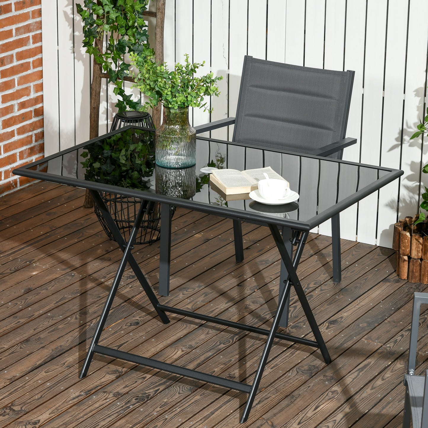 Outsunny Folding Outdoor Dining Table for 6, Rectangle Garden Table Tempered Glass Top with Parasol Hole for Patio, Balcony, Terrace, 110 x 70 x 70 cm, Black