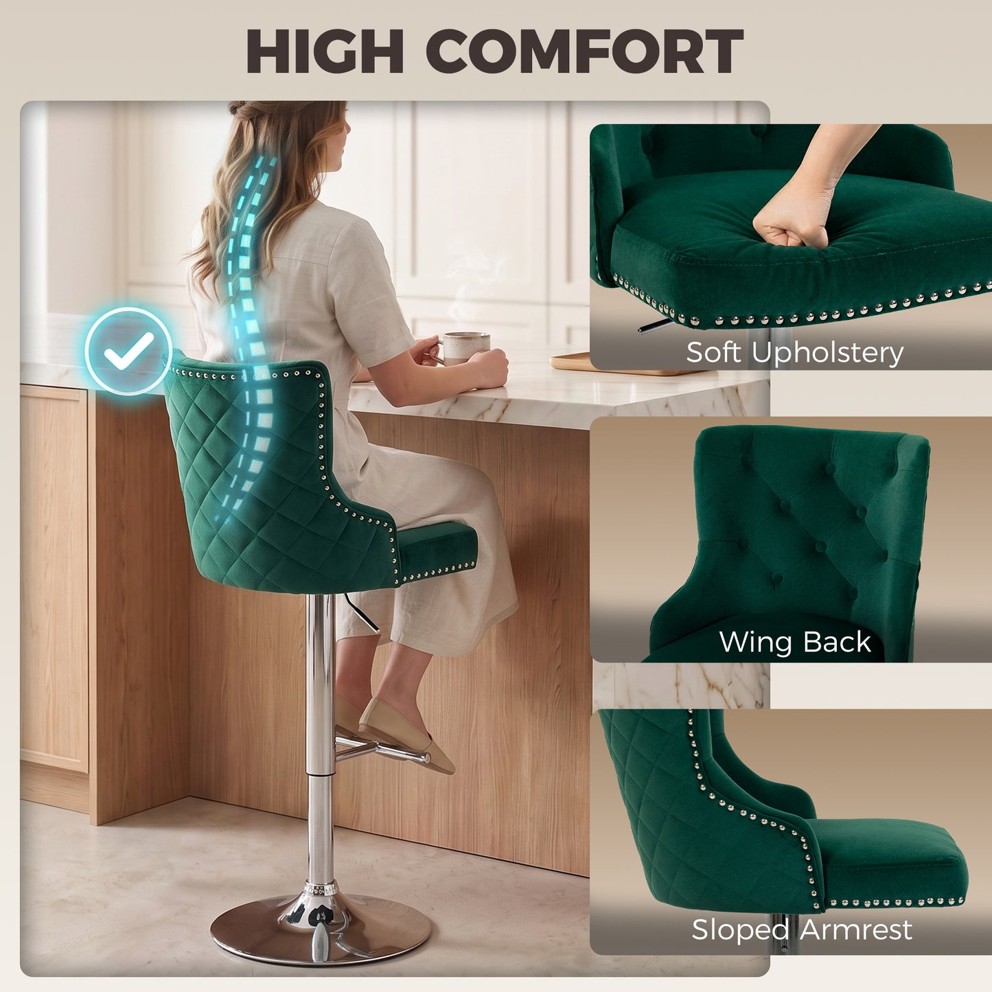 HOMCOM Bar Stools Set of 2, Modern Swivel & Adjustable Velvet Barstools with Button-Tufted Back, Footrest for Home Bar, Green