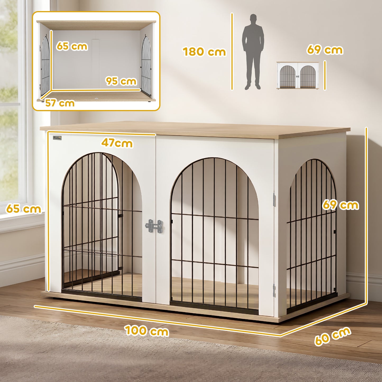 PawHut Dog Crate Furniture, Indoor Dog Cage with Double Doors for Large Breeds, Pet Kennel End Side Table