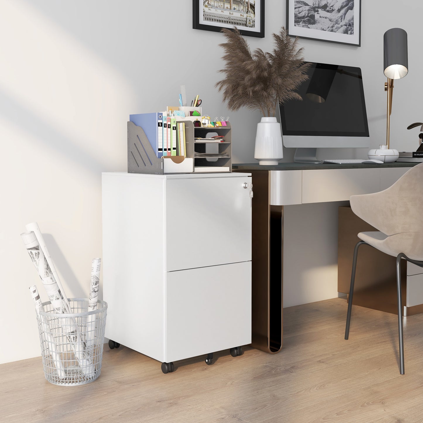 Vinsetto 2-Drawer Filing Cabinet with Lock and 5 Wheels, Steel Mobile File Cabinet, for A4, Legal and Letter Size, Pre-Assembled Body, White