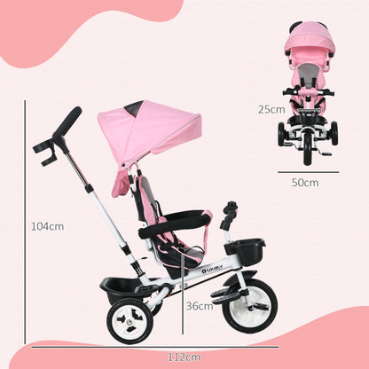 HOMCOM Metal Frame 6 in 1 Baby Push Tricycle with Parent Handle for 1-5 Years Old, Pink