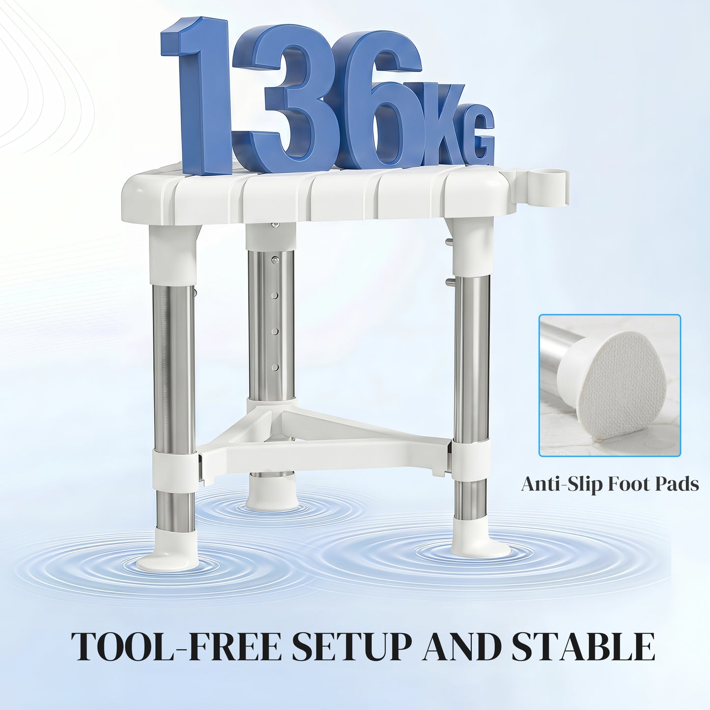 HOMCOM Shower Stool, Aluminium Alloy Corner Shower Chair with Storage Shelf and HDPE Seat, Adjustable Height, White