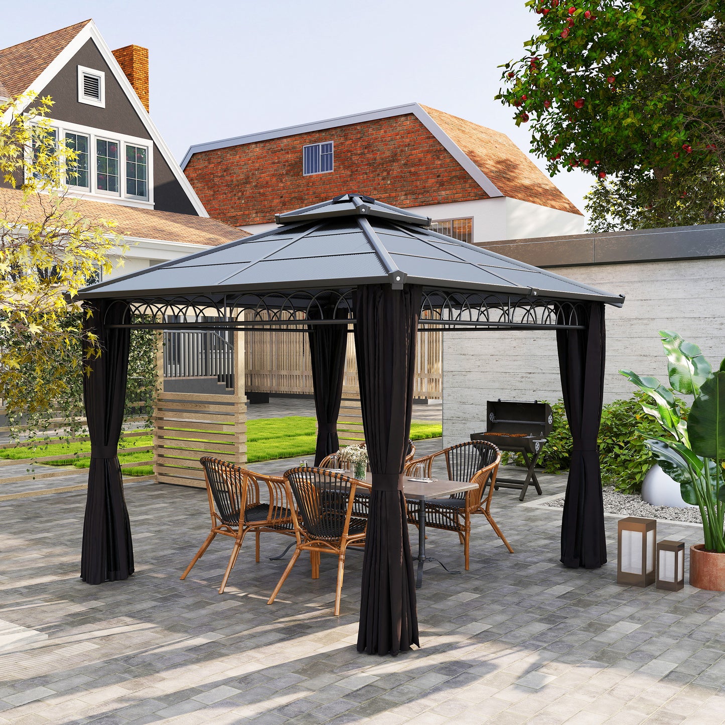 Outsunny 3 x 3 (m) Outdoor Polycarbonate Gazebo, Double Roof Hard Top Gazebo with Galvanised Steel Frame, Nettings & Curtains for Garden, Lawn, Patio and Deck, Dark Grey