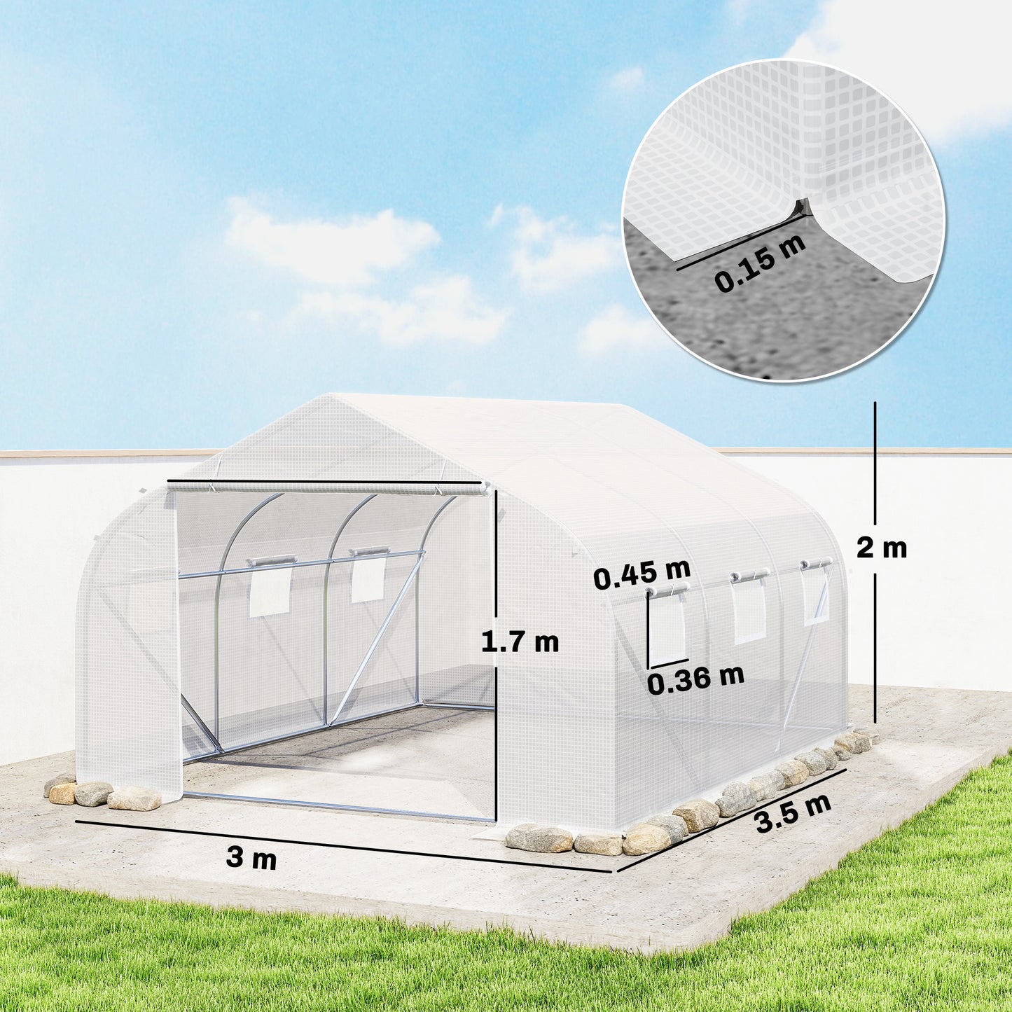 Outsunny Walk-In Polytunnel Greenhouse Warm House Garden Tunnel Shelter Plant Shed with Door and Windows, Galvanised Steel Frame, 4.5 x 3 x 2m, White