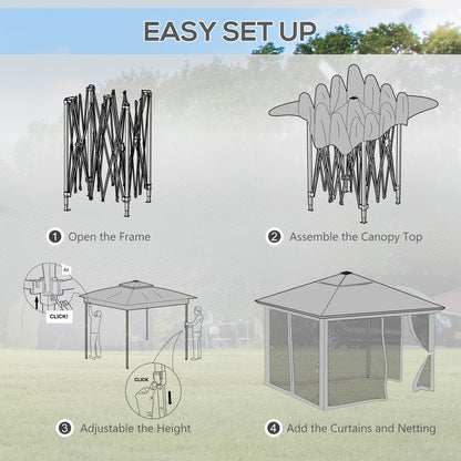 Outsunny 3.36 x 3.36m Pop Up Gazebo Party Tent with Solar-Powered LED Lights, Adjustable Event Shelter with Netting, Grey