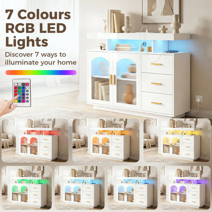 HOMCOM High Gloss Sideboard with LED Lights, Built-in Power Outlets, 3 Drawers, Shelves and 2 Acrylic Doors, White