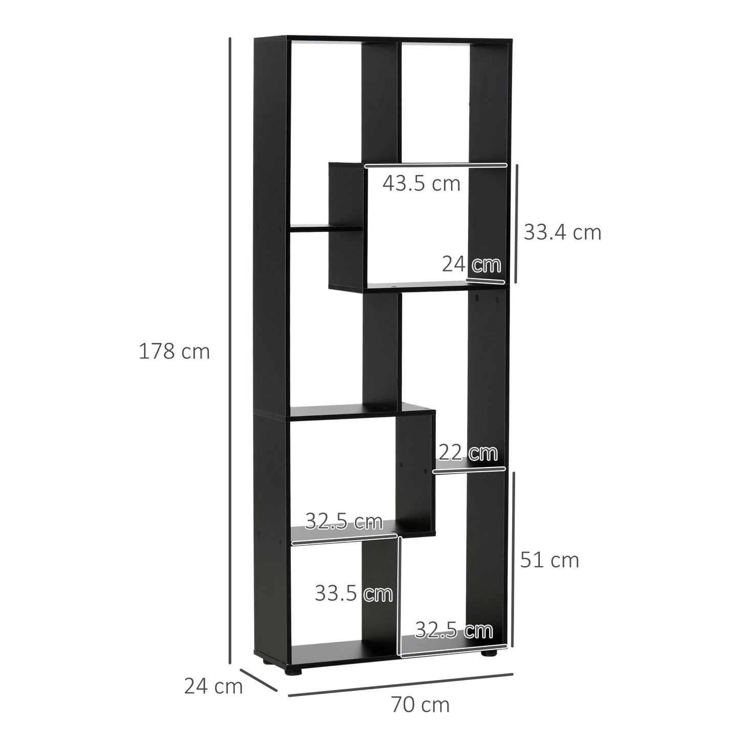 HOMCOM 8-Tier Freestanding Bookcase w/ Melamine Surface Anti-Tipping Foot Pads Home Display Storage Grid Stand Bedroom Living Room Furniture Modern Style - Black