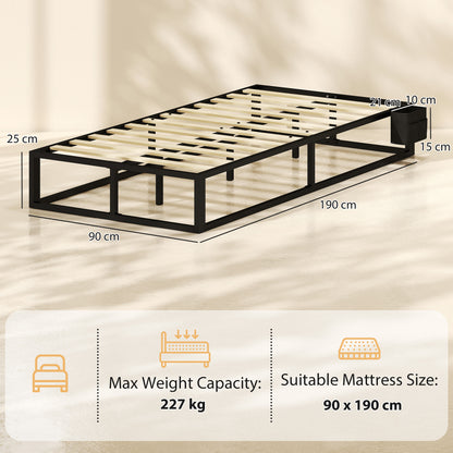 HOMCOM 12 Slats Metal Platform Bed Frame, 3ft Single Bed Frame with Storage Bag and Anti-Slip Pads, Black