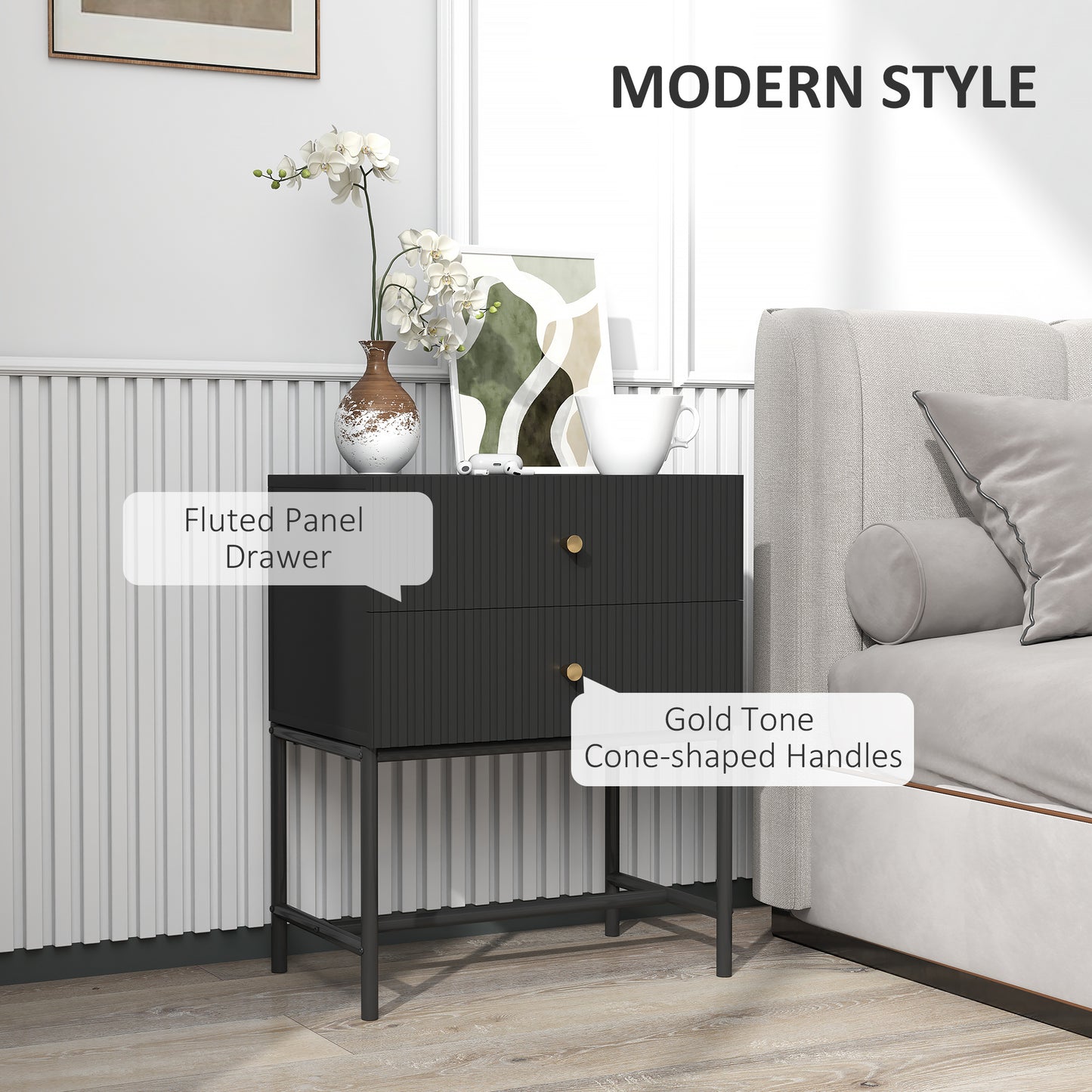 HOMCOM Elegant Two-Drawer Bedside Table - Black
