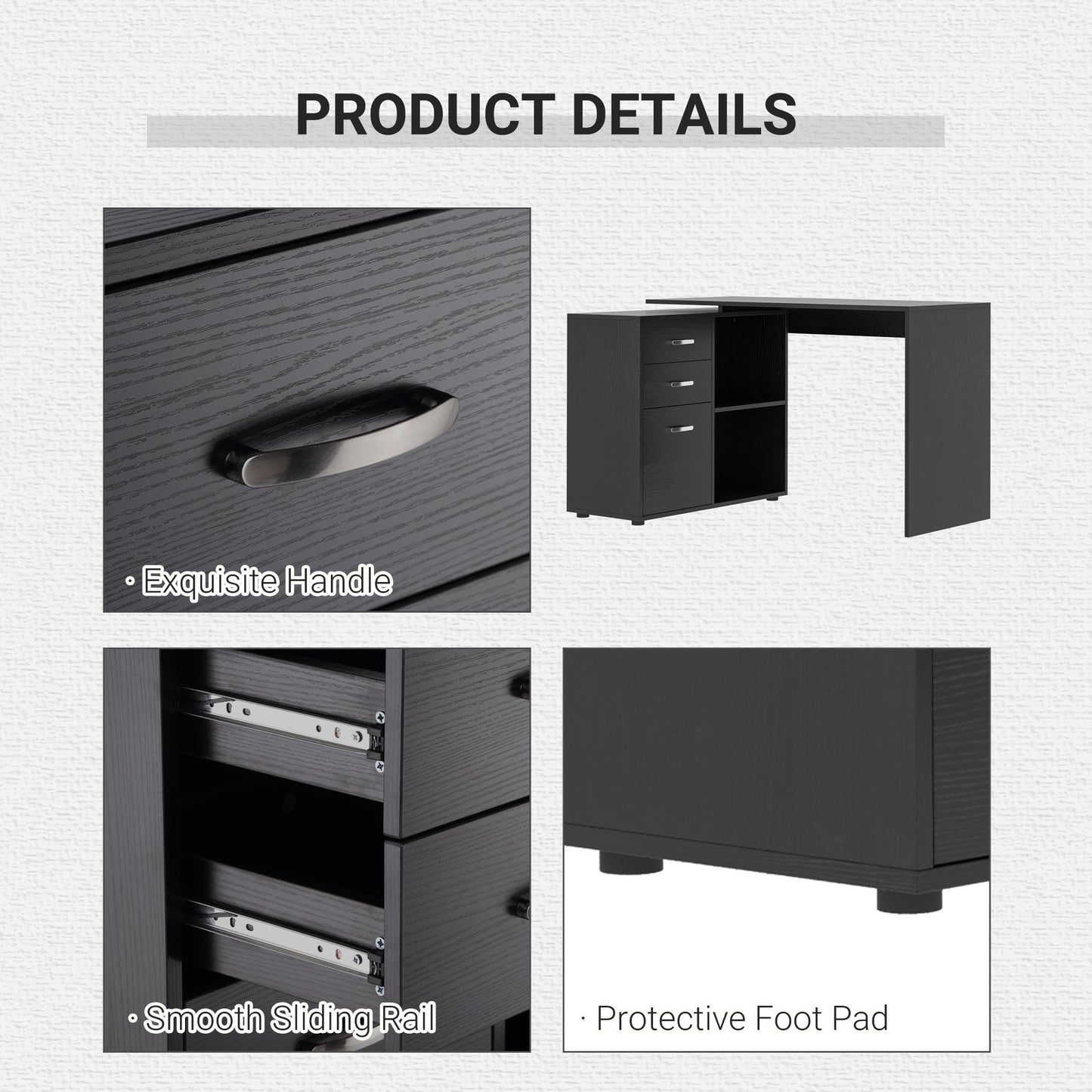 HOMCOM L Shaped Computer Desk, Reversible Home Office Desk with Drawers, File Cabinet and Storage Shelves, Study Table, 117 x 83.5 x 76cm, Black
