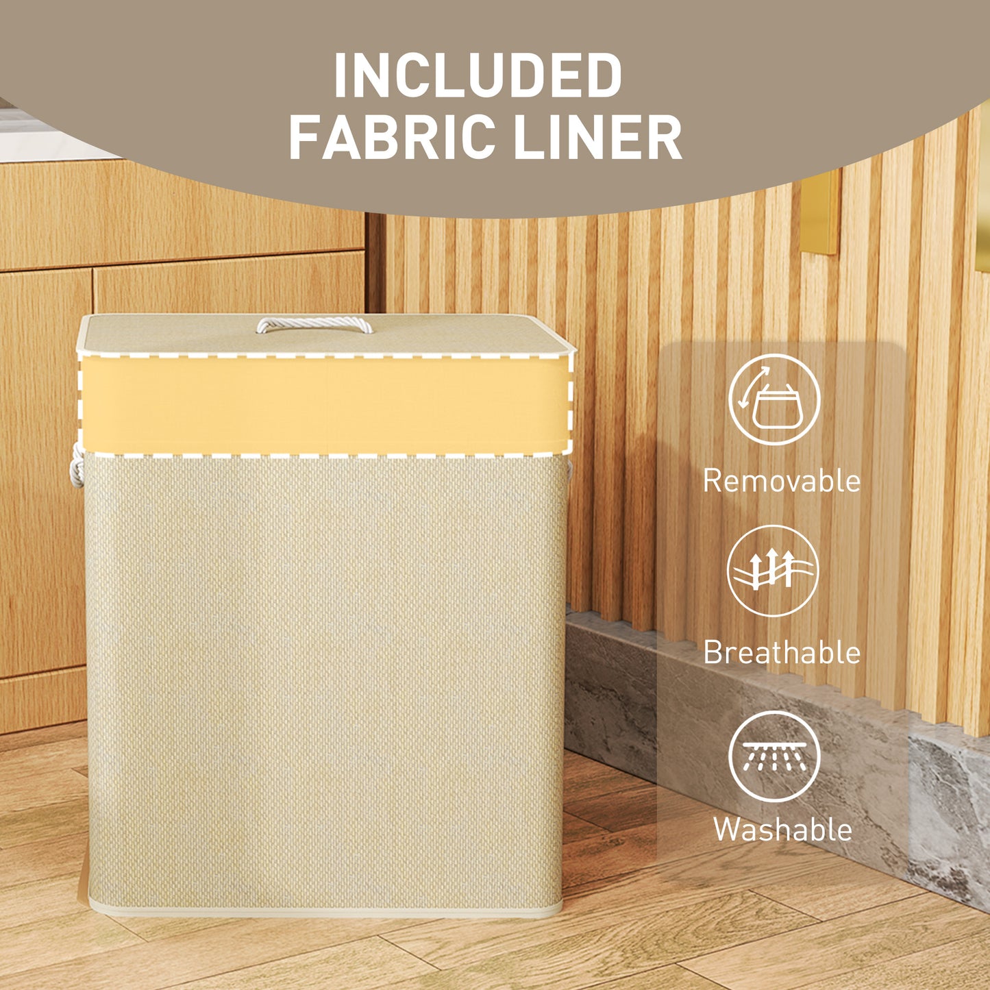HOMCOM Double Laundry Basket with Lid, 100L Bamboo Laundry Hamper with Rope Handles, Washing Basket with Removable Liner for Bathroom, Bedroom, Cream White