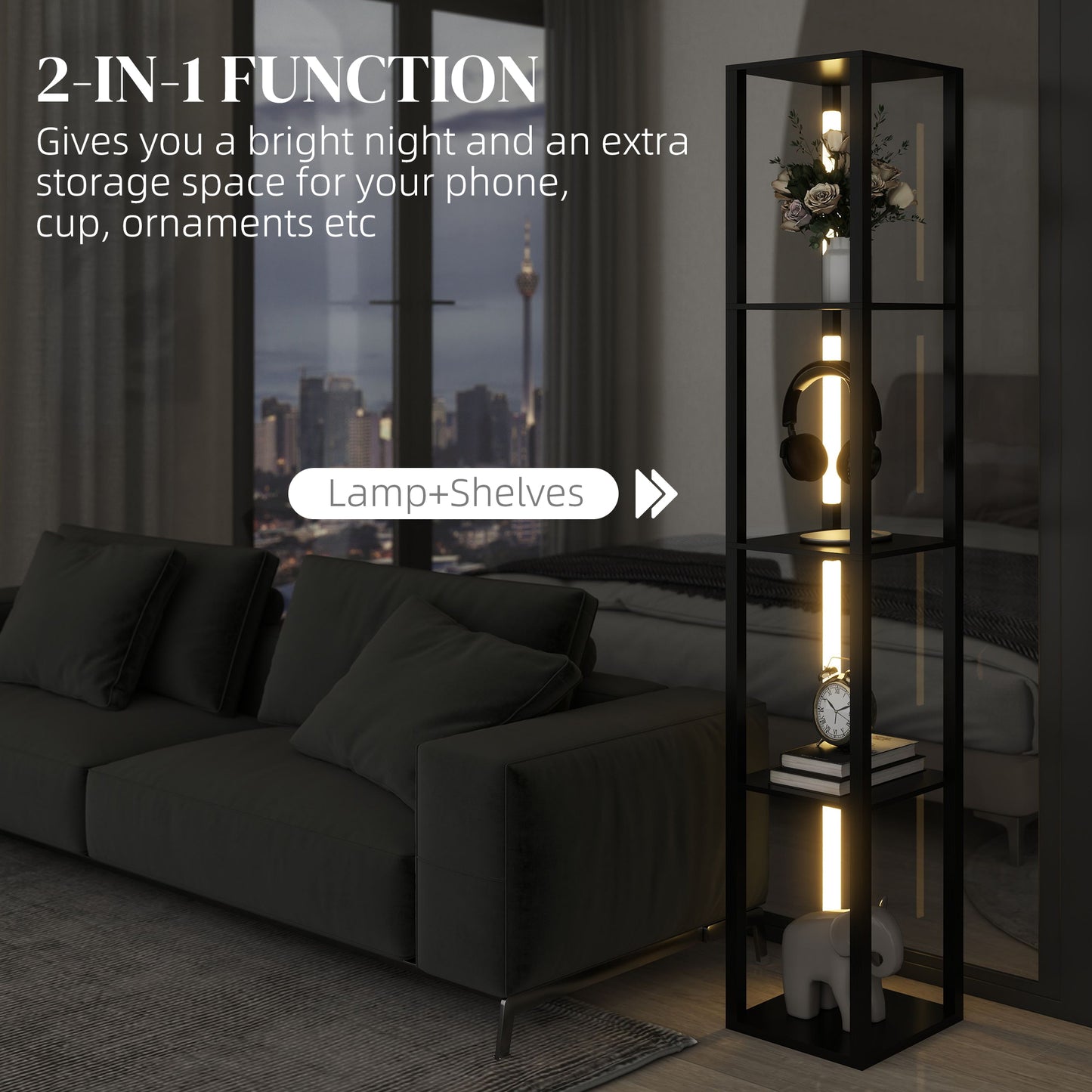 HOMCOM LED Floor Lamp with Shelves, Modern Dimmable Standing Lamp with 3 Brightness Levels and Foot Switch for Living Room, Bedroom, Office, Black