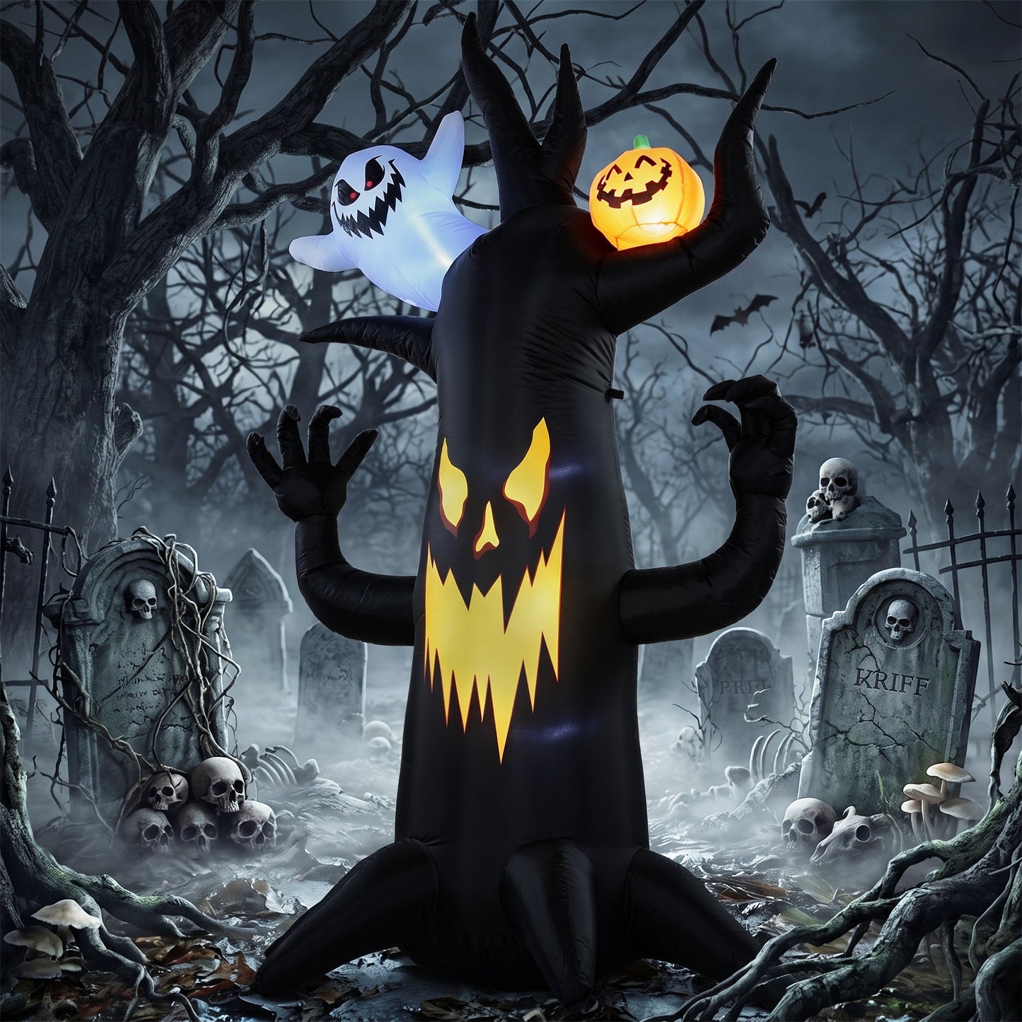 Outsunny 8 FT Halloween Inflatable Spooky Tree, Blow Up Decoration with Ghost and Pumpkin for Garden Indoor Outdoor Decor