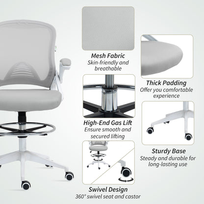 Vinsetto Drafting Chair with Flip-up Armrest, Mesh Office Stool with Foot Ring, 360 Degree Swivel Height Adjustable Chair for Standing Desk, Light Grey