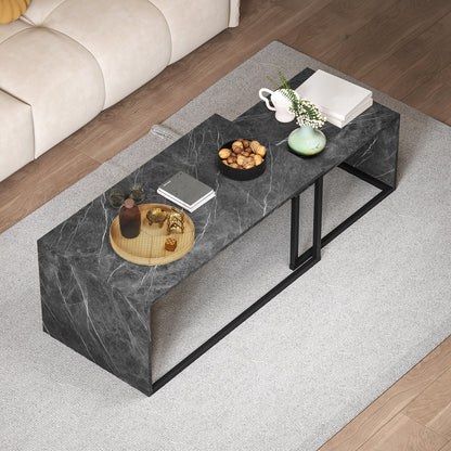 HOMCOM Nesting Coffee Table Set of 2, Industrial Stacking Side End Tables with Metal Frame for Living Room, Bedroom, Dark Grey Marble Effect
