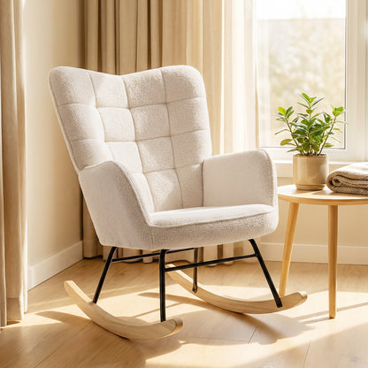 HOMCOM Berber Fleece Nursery Glider Rocker for Nursing, Wingback Rocking Chair for Living Room, Beige