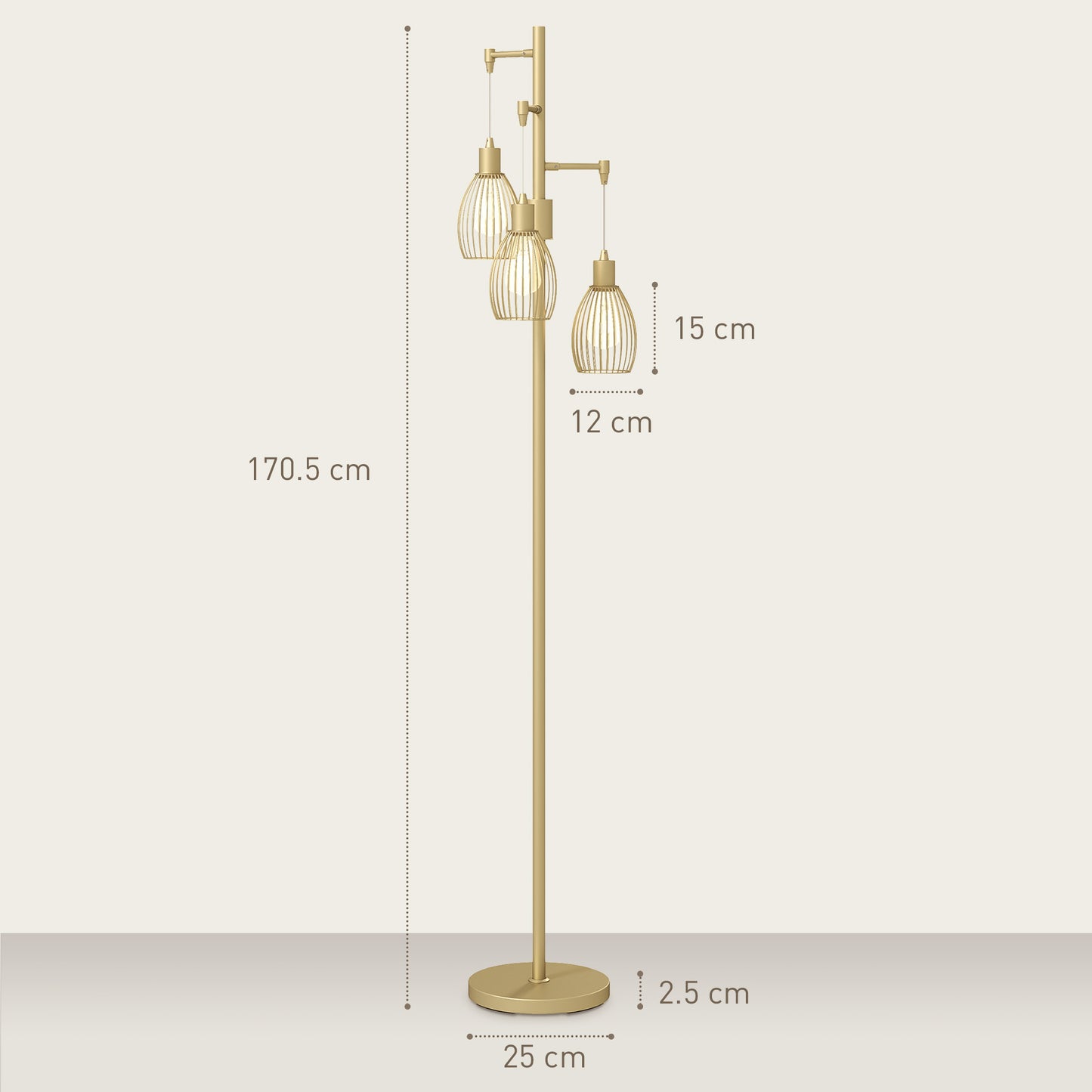 HOMCOM 3-Light Floor Lamp, 170cm Industrial Dimmable Standing Lamp with Steel Wire Cage Lampshades for Living Room, Bedroom, Dining Room, Study, Bulb Not Included, Gold Tone