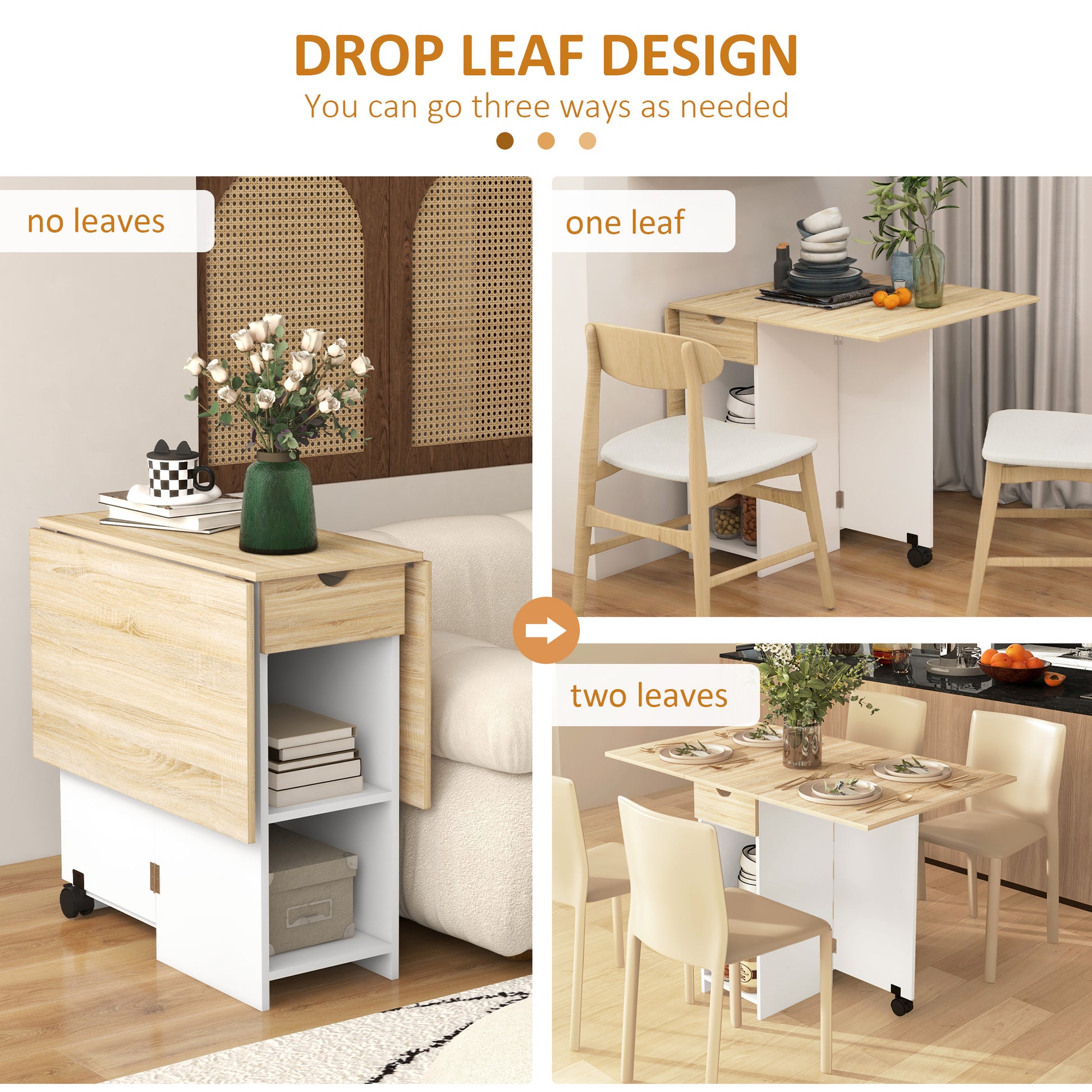 HOMCOM Folding Dining Table, Drop Leaf Table for Small Spaces, Foldable Table with Drawer and Storage Shelves for Kitchen, Dining Room, Oak--ChewyGames-ChewyGames