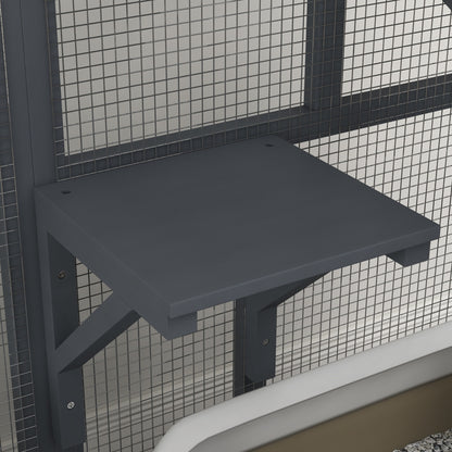 PawHut Cat House, Wooden Indoor Catio Cat Enclosure on Wheels, Wooden Kitty Cage with Platforms, Hammock, Light Grey