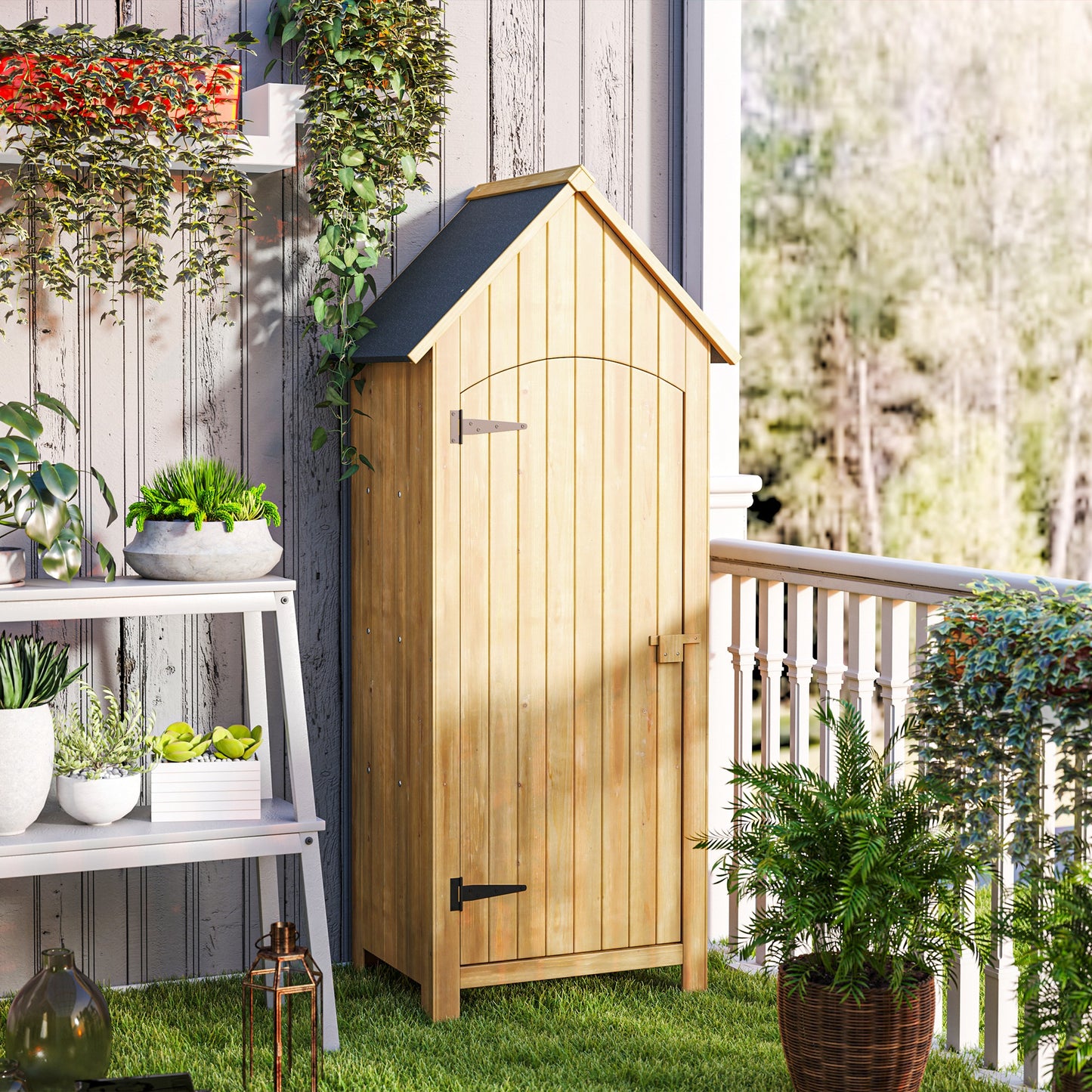 Outsunny Wooden Garden Storage Shed with 3 Shelves, Outdoor Tool Storage Cabinet with Tilt Roof and Lockable Door, 77.5 x 54.2 x 179.5 cm, Natural
