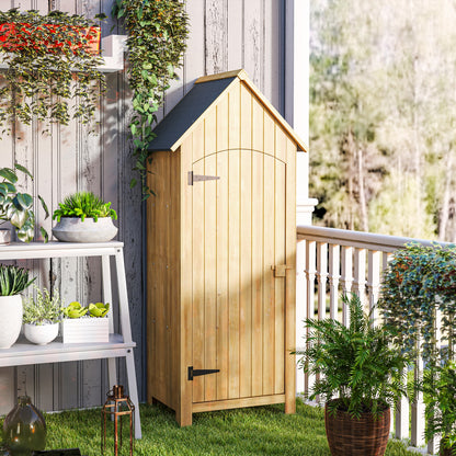 Outsunny Wooden Garden Storage Shed with 3 Shelves, Outdoor Tool Storage Cabinet with Tilt Roof and Lockable Door, 77.5 x 54.2 x 179.5 cm, Natural