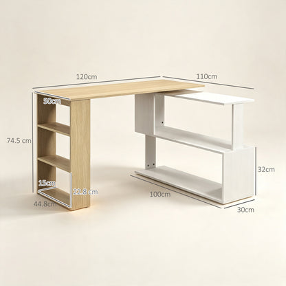 HOMCOM Corner Computer Desk, L Shaped Desk with 360° Rotating Bookshelf, 120L x 110W x 74.5H cm, Natural and White