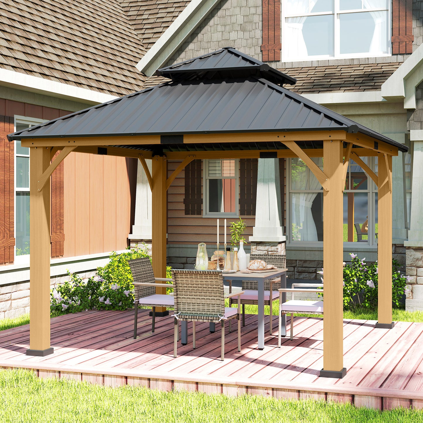 Outsunny 3.5 x 3.5m Outdoor Hardtop Gazebo Canopy with Two-tier Metal Roof and Solid Wood Frame Outdoor Patio Shelter for Patio, Garden, Black