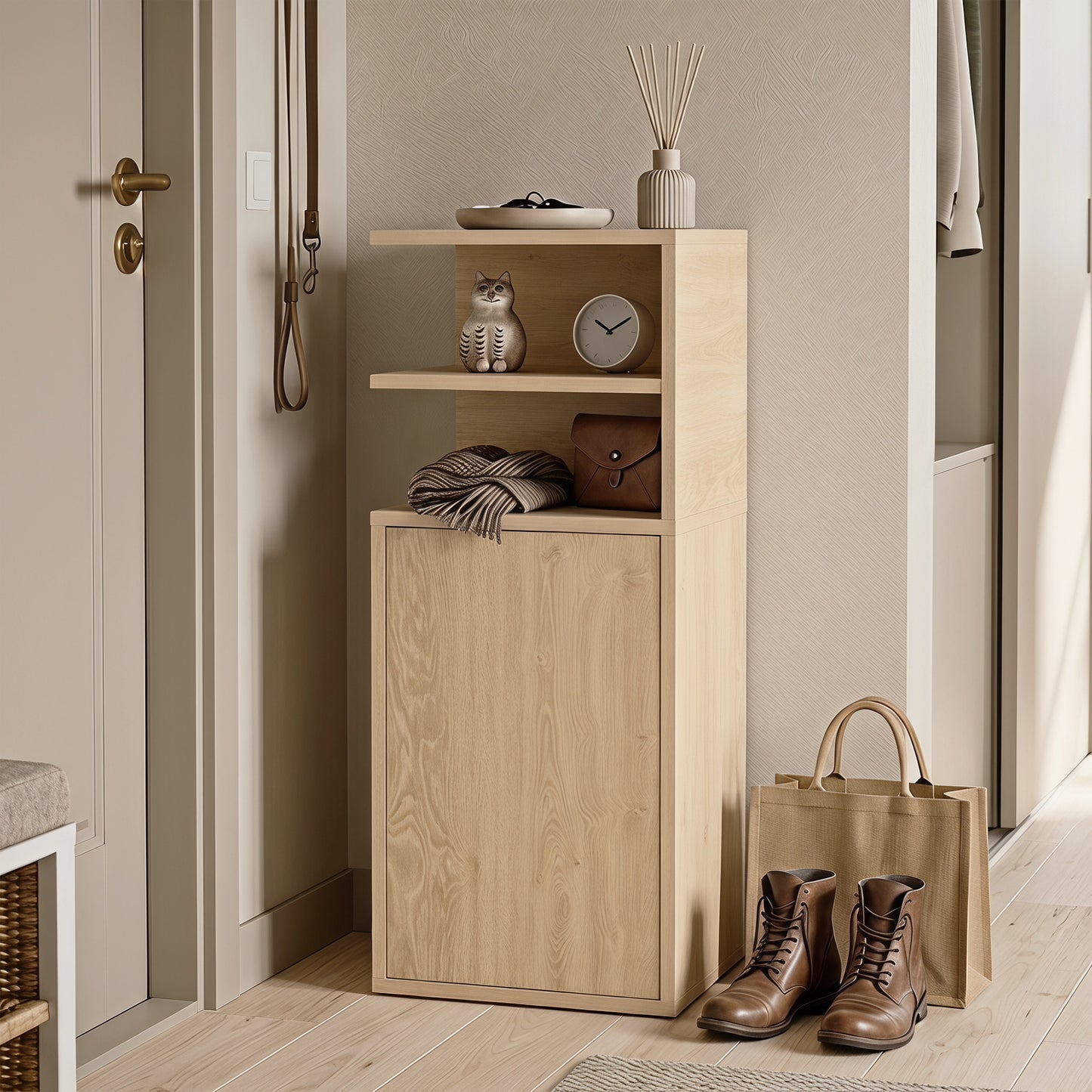 HOMCOM Slim Bedside Table Set of 2, Narrow Bedside Cabinet with Open Cubbies and Cupboard for Bedroom Living Room, Oak