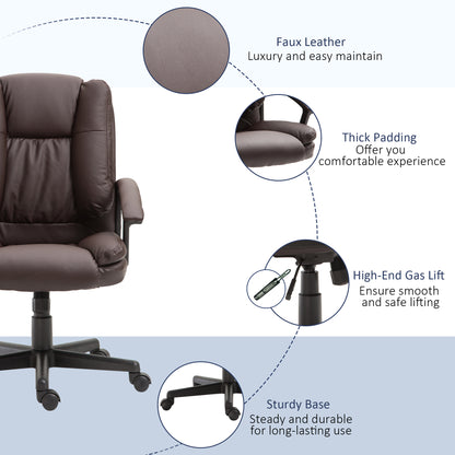 HOMCOM Office Chair, Computer Desk Chair, PU Leather Mid Back Executive Chair with Adjustable Height and Swivel Rolling Wheels for Home Study, Brown